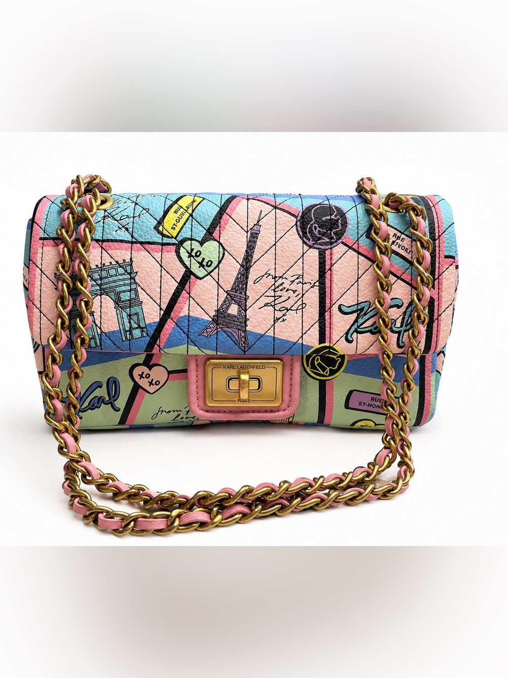 Karl Lagerfeld Paris Blush Multicolor Paris Print Chain Shoulder Bag